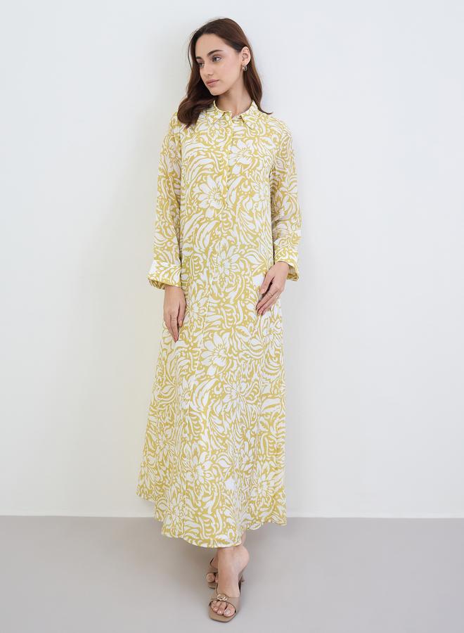 Amirah Women Yellow Floral Printed Collared Jalabiya - Image 1